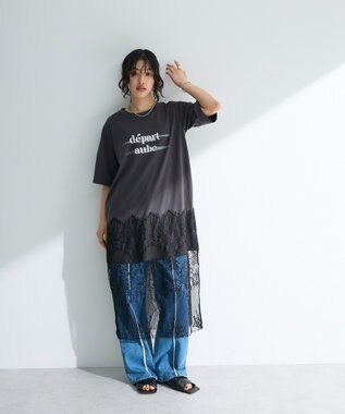 Green Parks 裾レースドッキングカットロゴチュニック Charcoal Gray