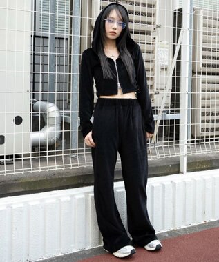 WEGO 【ウエストゴム】ベロアフレアパンツ ブラック