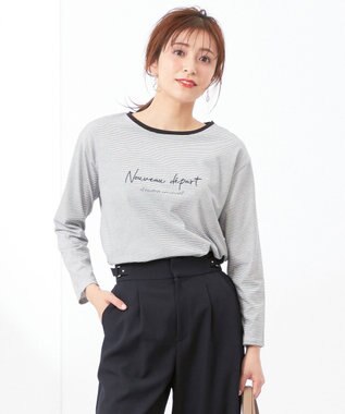 ANY SIS ロゴ刺繍 カットソー オフ×ブラックボーダー