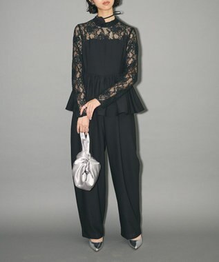 Green Parks コサージュ付レースペプラムロンパース Black