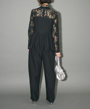 Green Parks コサージュ付レースペプラムロンパース Black