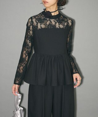 Green Parks コサージュ付レースペプラムロンパース Black