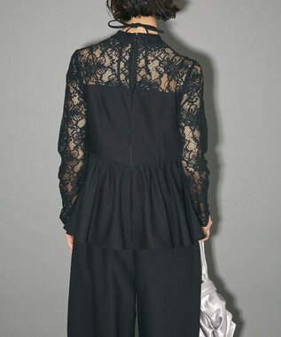 Green Parks コサージュ付レースペプラムロンパース Black