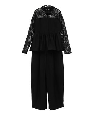 Green Parks コサージュ付レースペプラムロンパース Black