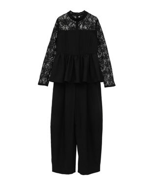 Green Parks コサージュ付レースペプラムロンパース Black