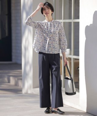 J.PRESS LADIES 【洗える】セルロースリネンストレッチ タックワイドパンツ ネイビー系
