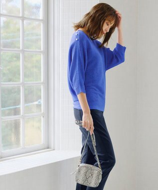 Tiaclasse 【洗える】肩ボタンドルマンニットトップス ブルー