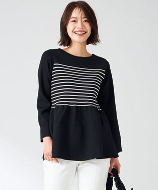 ANY SIS 【洗える】スポンディッシュペプラム ニット ブラック×オフ