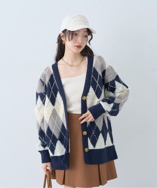 earth music&ecology ループ編みアーガイルカーディガン Navy