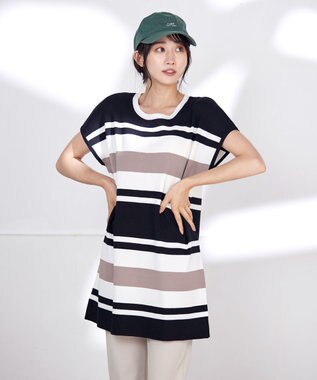 Tiaclasse 【洗える】マルチボーダーフレンチニットチュニック ブラック×オフ×モカ
