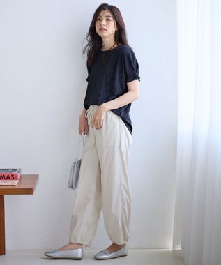 ANY 【洗濯機可】タックスリーブドルマンTシャツ ネイビーストライプ