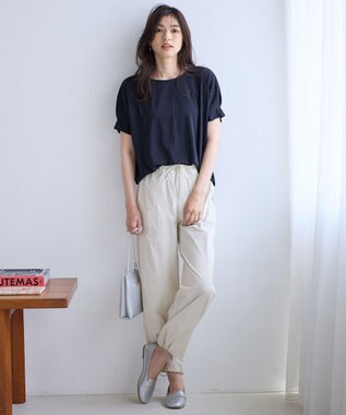 ANY 【洗濯機可】タックスリーブドルマンTシャツ ネイビーストライプ