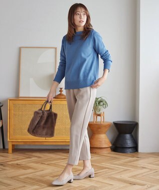 Tiaclasse 綿混リブ使いボートネックニットプルオーバー ブルー