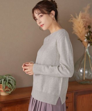 Tiaclasse 綿混リブ使いボートネックニットプルオーバー ライトグレー