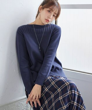 Tiaclasse 綿混リブ使いボートネックニットプルオーバー ネイビー