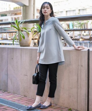 Tiaclasse 【ダブルストレッチ・洗える】スキッパーパールチュニックブラウス サックス