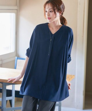 Tiaclasse L 【洗える】ストレッチタフタタックチュニックブラウス ネイビー