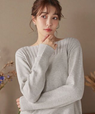 Tiaclasse 綿混リブ使いボートネックニットプルオーバー ライトグレー