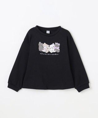 ANY KIDS なかよしサガラ刺繍 裏シャギー トレーナー ブラック×ネコ