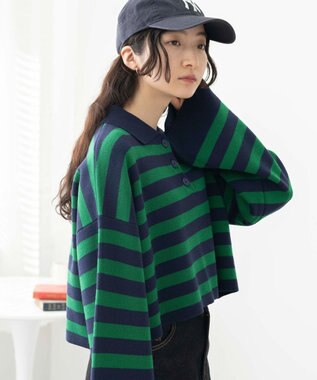 WEGO ボーダーニットポロ グリーンボーダー