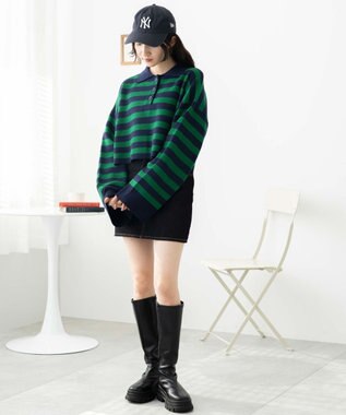 WEGO ボーダーニットポロ グリーンボーダー