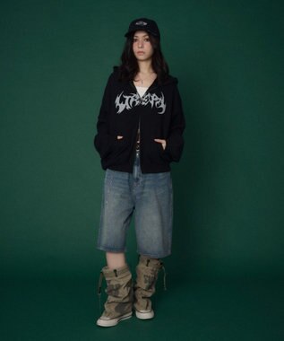 WEGO 【ユニセックス着用ITEM】ワッフルグラフィックカットZIPパーカー ブラック