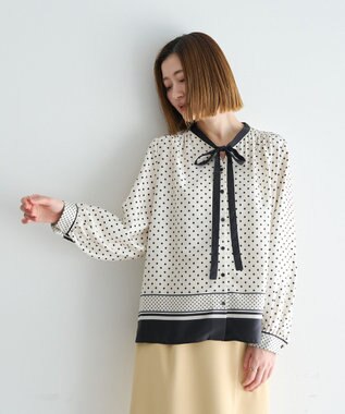 YECCA VECCA ドットパネル柄リボンブラウス Ivory