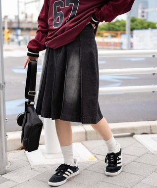 WEGO ヴィンテージウォッシュデニムプリーツミドルスカート ブラック