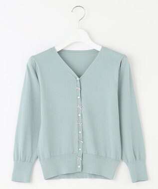 Feroux リボンパール七分袖 カーディガン ライトグリーン系