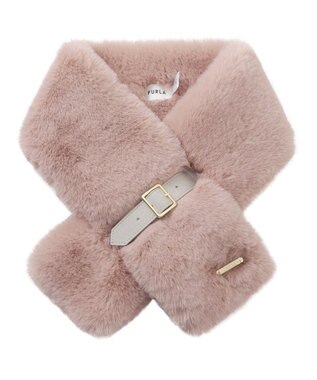 MOONBAT 【大人百花1月号掲載】FURLA フェイクファーマフラー ベルト差し込み ファーティペット ロゴプレート付 ペールピンク