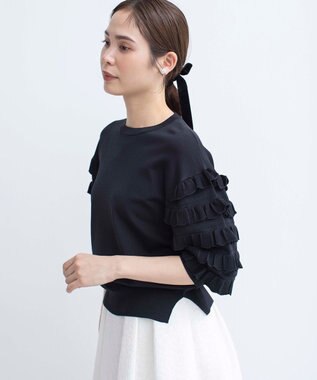 組曲 S 【WEB限定カラーあり】MINA 袖フリルニットプルオーバー ブラック系