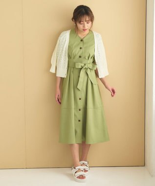 Feroux 【洗える】パフスリーブシャツ ワンピース グリーン系