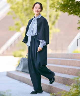 #Newans 【洗濯機可】ステッチデザインリボンタイブラウス ネイビーストライプ