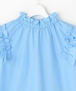Feroux 【洗える】スタンドカラーフリルスリーブ ブラウス ブルー系