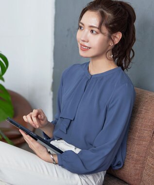 Tiaclasse 【洗える・スマート裏起毛】ジョーゼットフリルブラウス ブルー