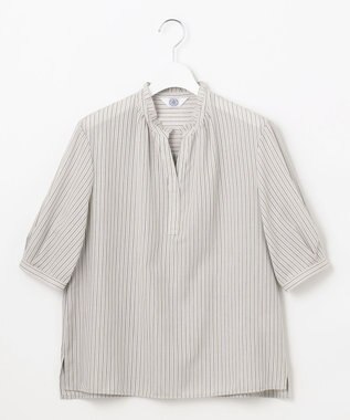 J.PRESS LADIES 【洗える・接触冷感】ドビー強撚ストライプ スキッパー ブラウス グレー×ネイビー系