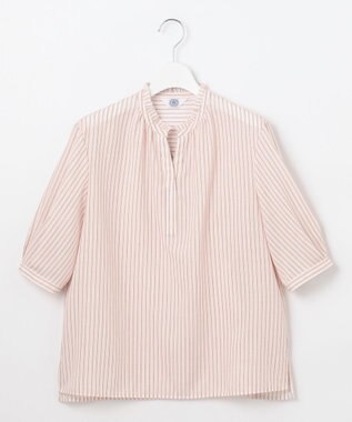 J.PRESS LADIES 【洗える・接触冷感】ドビー強撚ストライプ スキッパー ブラウス オフ×ピンク×ネイビー系