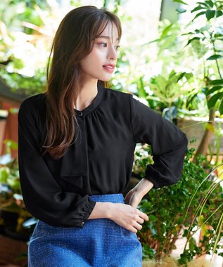 Tiaclasse 【洗える・スマート裏起毛】ジョーゼットフリルブラウス ブラック