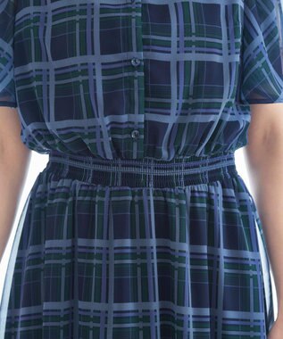 Tiaclasse 【新色追加・洗える】チェック柄フレア袖シアーワンピース ネイビー