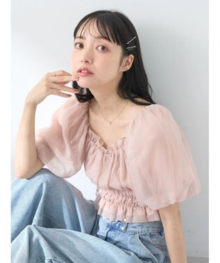 earth music&ecology パフスリーブシャーリングブラウス Pink Beige