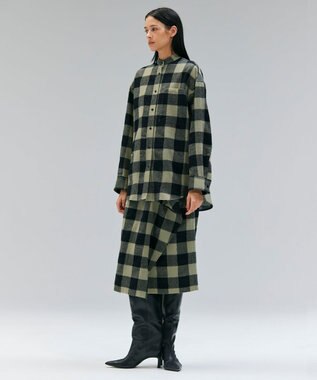 BEIGE， HOBBS / フェイクレザーポケットウールチェックラップスカート L.Khaki × Black