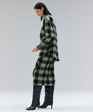 BEIGE， HOBBS / フェイクレザーポケットウールチェックラップスカート L.Khaki × Black
