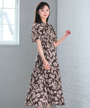 Feroux 【洗える】フラワープリント クラシカル ワンピース ダークブラウン系1