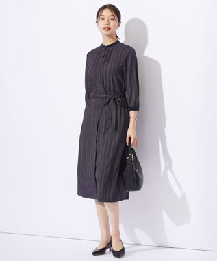 J.PRESS LADIES L 【洗える】ドットデシンプリント ピンタック ワンピース ネイビー系