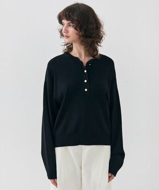 BEIGE， 【洗える】LAURA / クルーネックボタンニットトップス Black