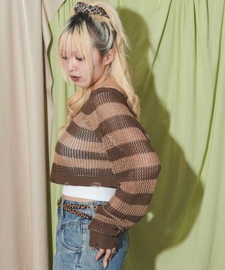 WEGO ダメージボーダーショートニット ブラウン