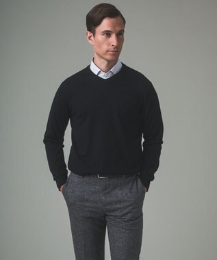 GOTAIRIKU オリジナル設計【洗える/チクチクしにくい/ピリングしにくい】イタリア糸 ハイゲージ Ｖネックニット_WOOL100% ブラック系