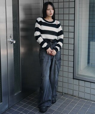 WEGO モヘアタッチダメージショートニット ホワイトボーダー