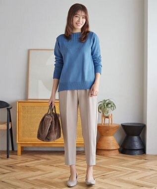 Tiaclasse 綿混リブ使いボートネックニットプルオーバー ブルー