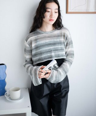 WEGO 段染めボーダーショートニット グレー